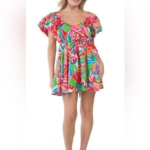 NWT. Gorgeous colorful puff sleeve women’s mini dress. Size M